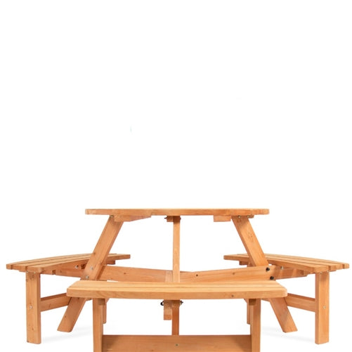 Outdoor Round Wood Picnic Table Bench Set with Umbrella Hole - Seats 6