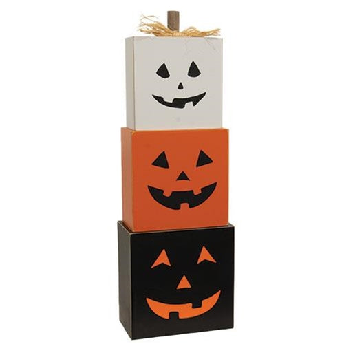 Set of 3 Jack O Lantern Pumpkin Wood Stack