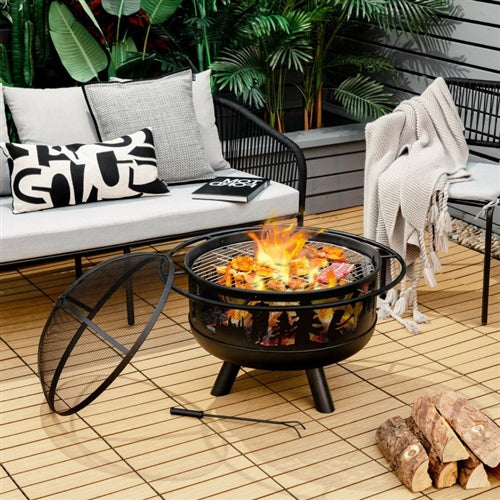 Portable Patio Screened Wood Burning Fire Pit Cooking Grill with Poker