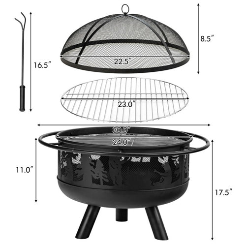 Portable Patio Screened Wood Burning Fire Pit Cooking Grill with Poker