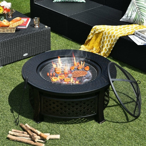 Rustic Steel Outdoor Fire Pit with BBQ Grill with Poker and Mesh Cover