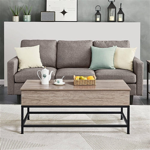 Modern Metal Wood Lift-Top Coffee Table Sofa Laptop Desk in Grey Wood Finish