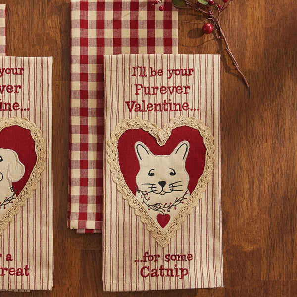 I'LL BE YOUR FUREVER VALENTINE CATNIP EMBROIDERED DISHTOWEL