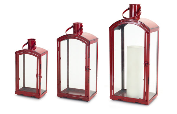 Red Metal Glass Lantern Set