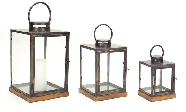 Pewter Metal Glass Wood Lantern Set