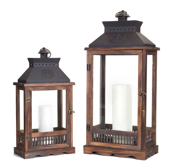 Brown Black Wood Metal Lantern Set