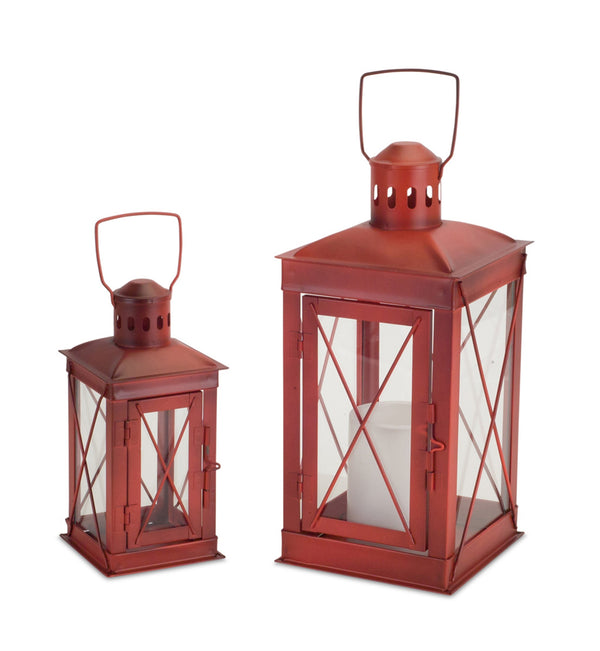 Red Metal & Glass Lantern Set