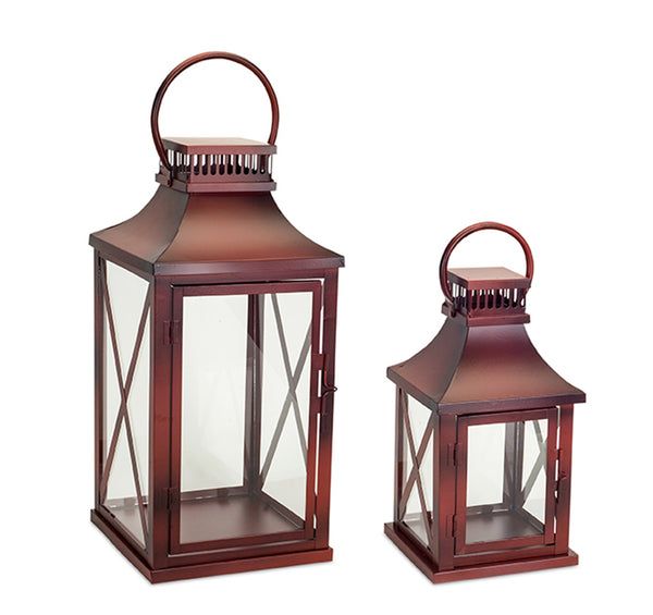 Red Metal & Glass Lantern Set