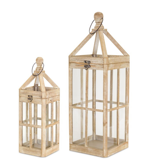 Brown Wood & Glass Lantern Set