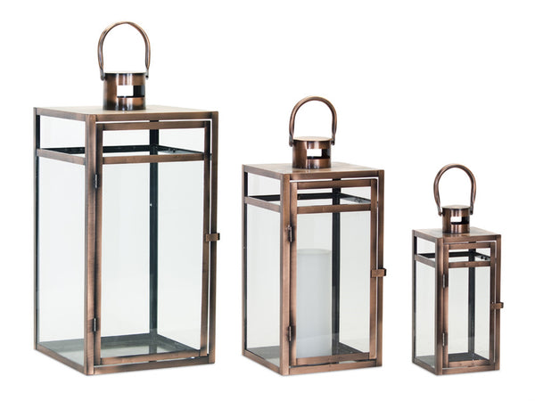 Copper & Black Metal & Glass Lantern Set