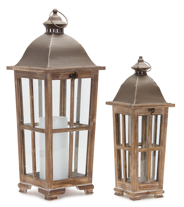 Brown Iron & Wood Lantern Set