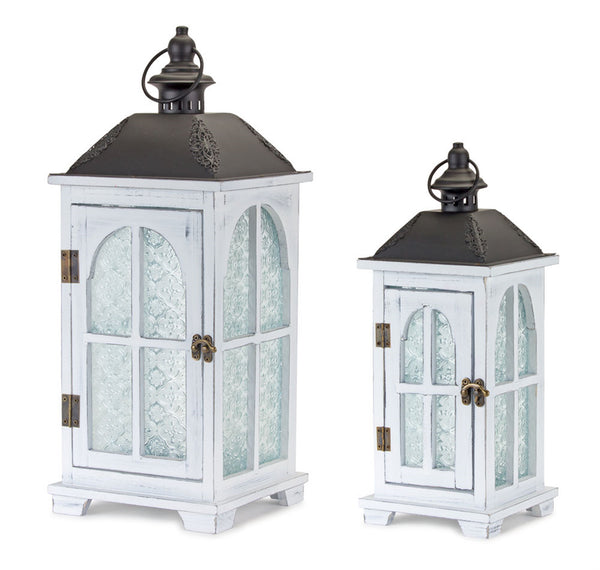 White Wood & Metal Lantern Set