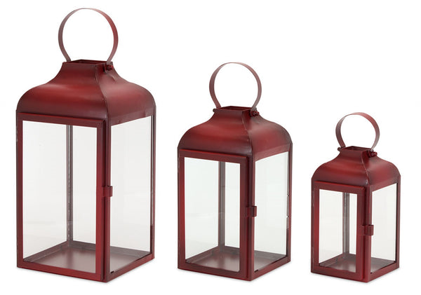 Red Iron & Glass Lantern Set