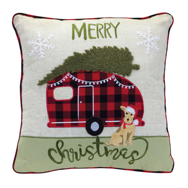 Merry Christmas Camper and Dog Pillow 15"SQ Polyester