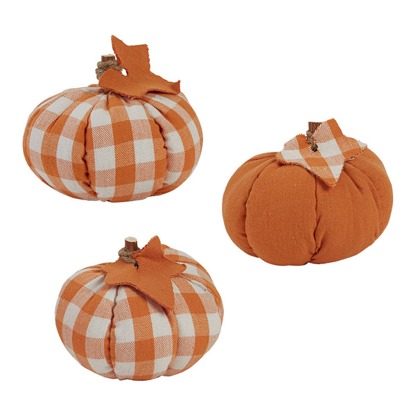 SMALL SET OF 3 SOLID ORANGE AND CREAM CHECK PUMPKINS