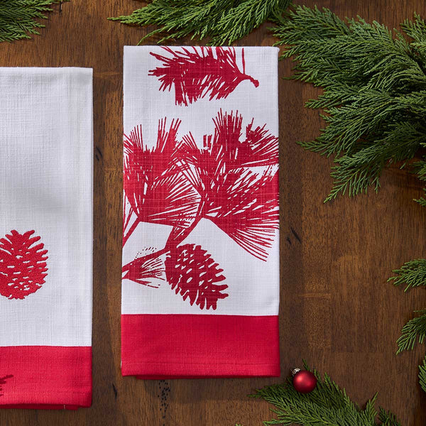 CRANBERRY BORDERED PINECONE DISHTOWEL