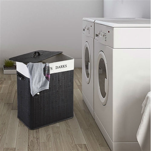 Black Bamboo 2-Bin Lights Darks Laundry Hamper with Handles