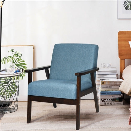 Retro Modern Classic Blue Linen Wide Accent Chair with Espresso Wood Frame