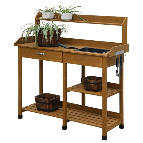 Modern Garden Potting Bench Table with Sink Storage Shelves & Drawer Red Cedar