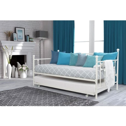 Twin White Metal Daybed Frame with Roll-Out Trundle Bed