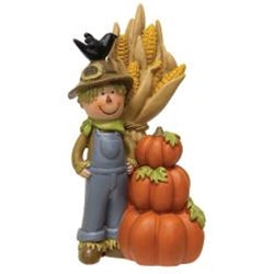 Resin Scarecrow With Cornstalks and Pumpkins