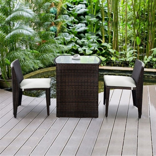 3 Piece Compact Espresso/White Wicker Patio Cushioned Outdoor Chair Table Set