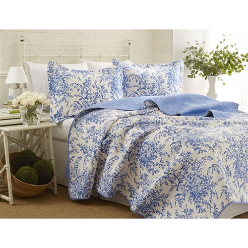 King size 100-Percent Cotton Quilt Bedspread Set with Blue White Floral Leaves Pattern