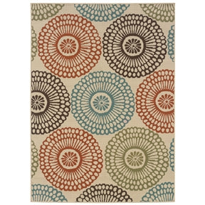 7'10" x 10'10" Indoor / Outdoor Beige Area Rug with Colorful Circle Pattern