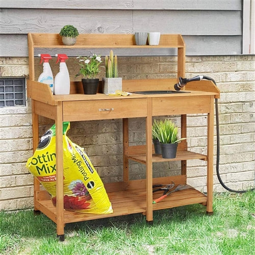 Outdoor Garden Wood Potting Bench Work Table with Sink in Light Wood Finish