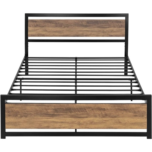 Queen Metal Platform Bed Frame with Brown Wood Panel Headboard and Footboard