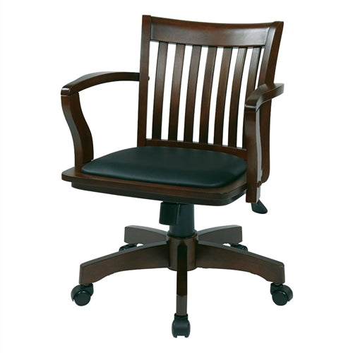 Espresso Bankers Chair with Black Vinyl Padded Seat and Wood Arms