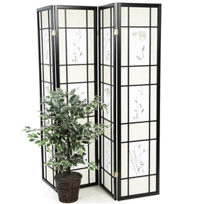 Black 4-Panel Room Divider Shoji Screen with Asian Floral Print