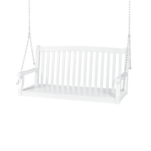 White Acacia Wooden Curved Back Hanging Porch Swing Bench with Mounting Chains