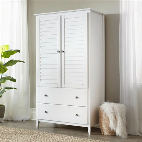 FarmHome Louvered Distressed White Solid Pine Armoire