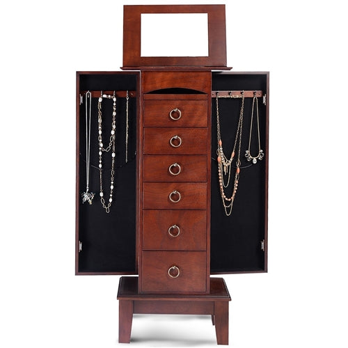 Medium Brown Wood Jewelry Armoire Storage Chest Cabinet with Mirror