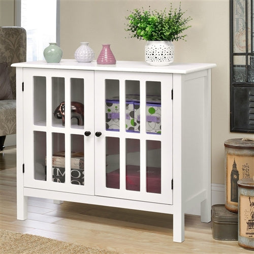 White Wood Sideboard Buffet Cabinet with Glass Panel Doors