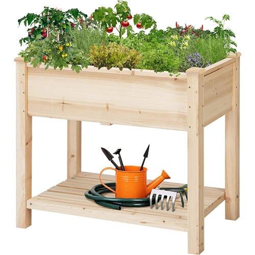 Solid Wood 2-Tier Raised Garden Bed Planter Bed with Bottom Storage Shelf